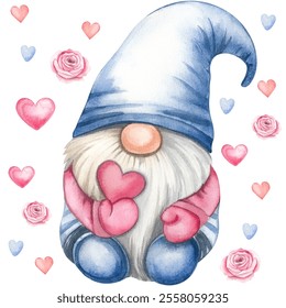 Watercolor illustration of a gnome with a heart in his hand.Cute illustration on the theme of Valentine's day or Easter.suitable for postcards,wallpapers,backgrounds, party invitations, wrapping paper - Powered by Shutterstock