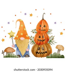 Watercolor Illustration Of Gnomes For The Holiday Of Halloween, Autumn, Pumpkin Day, Hello October Isolated On White Background.