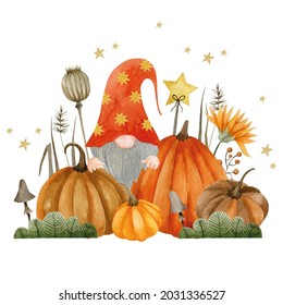 Watercolor Illustration Of Gnomes For The Holiday Of Halloween, Autumn, Pumpkin Day, Hello October Isolated On White Background.