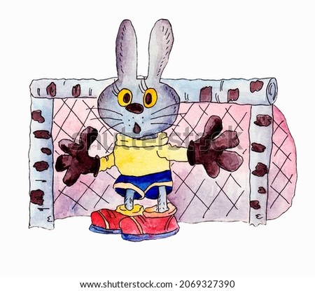 Watercolor illustration of a goalkeeper hare on a white background. For children's goods and textiles.