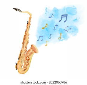 Watercolor illustration of gold Saxophone with abstract blue spot and notes. Classical Musical Instrument on white background. Sketch of Trumpet for invitation to the Music day - Powered by Shutterstock