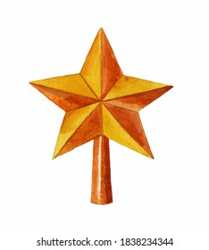 Watercolor illustration of a Golden five-pointed star. Holiday decor, a symbol of celebration, decoration of the top of the Christmas tree.