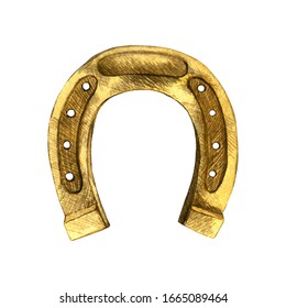 Watercolor Illustration Of A Golden Horseshoe. Symbol Of Luck.