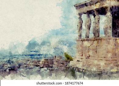 Watercolor illustration of a gorgeous landscape on old paper. Temple of the Erechtheion with the famous caryatid porch instead of columns in the Acropolis. Athens, Greece