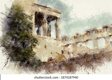 Watercolor Illustration Of A Gorgeous Landscape On Old Paper. Temple Of The Erechtheion With The Famous Caryatid Porch Instead Of Columns In The Acropolis. Athens, Greece