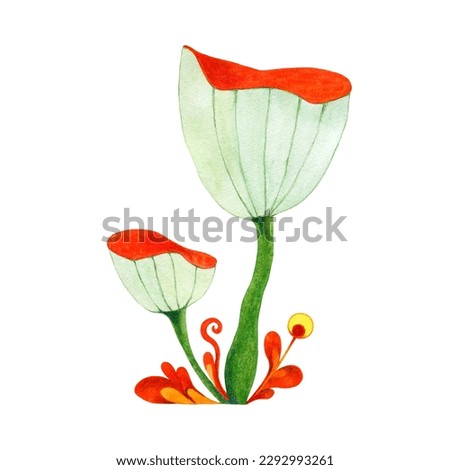 Watercolor illustration. Green cartoon mushroom with red leaves, psychedelic colors