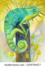 Watercolor Illustration Of A Green Chameleon On A Tree Stump With Yellow Mushrooms On A Yellow Background