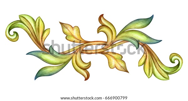 水彩イラスト 緑の葉 アカンサス アンティークボーダー 中世の花柄の飾り ビンテージ柄 白い背景にクリップアート のイラスト素材