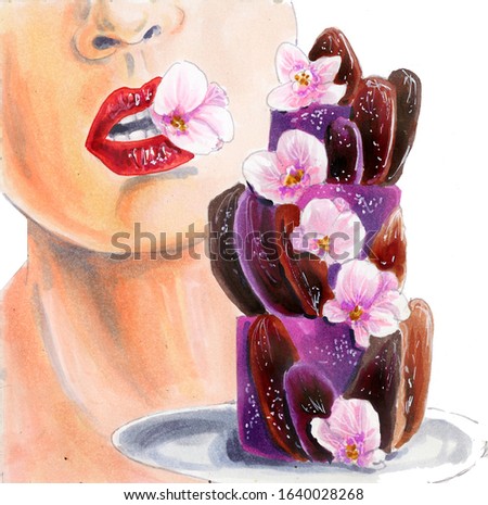 Watercolor illustration of a half-open female mouth. red lips hold a flower. chocolate cake with flowers. Hand drawn lips and dessert isolated on white