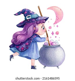 Watercolor illustration halloween cute little witch wear in dress   hat white background and halloween kittle  Happy Halloween postcard  Violet color