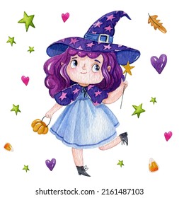 Watercolor illustration Halloween cute little witch wear in blue dress   hat white background and stars  Happy Halloween postcard 