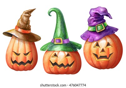 watercolor illustration, Halloween pumpkins wearing hat, party elements set isolated on white background