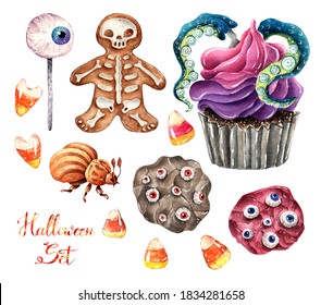 Watercolor Illustration. Halloween Set. Cupcake, Gingerbread Cookie, Chocolate Chip Cookies, Candy Corn, Cake Pop. Handmade, Postcard, Print On T-shirt