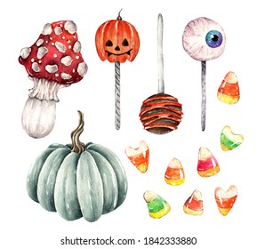 Watercolor Illustration. Halloween Set. Pumpkins, Poisonous Mushroom, Candy Corn, Cake Pop. Handmade, Postcard, Print On T-shirt