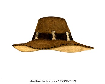 Watercolor Illustration. Hand Drawing. One Vintage Isolated Brown Colonial Hat On A White Background.
