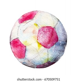 Watercolor illustration, hand drawn football ball isolated object on white background.