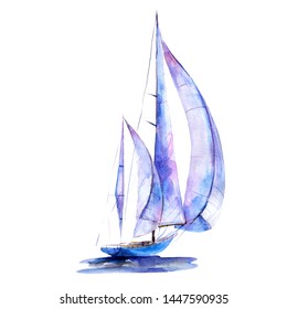 Watercolor illustration, hand drawn painted sailboat isolated object on white background. Art print boat with blue sails.