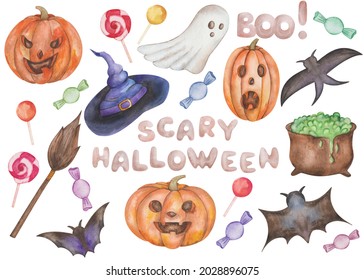 Watercolor Illustration Hand Drawn Pumpkins, Ghost, Bat, Cauldron, Sweets, Witch Hat For Halloween Isolated On White. Clip Art Elements For Design Postcards, Posters, Wrapping Paper, Fabric Material