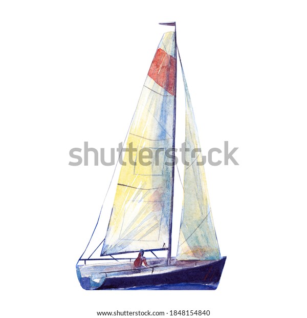 水彩イラスト 手描きの帆船 白い背景に水彩のオブジェット 深い青いヨットの帆を切り取ったアート のイラスト素材