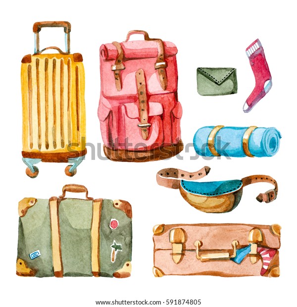水彩イラスト スーツケース リュック 財布 バッグ バリスを手描きのセット 旅行手荷物 のイラスト素材