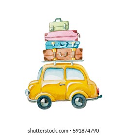 Watercolor illustration. hand drawn yellow car with suitcase on the roof. family traveling by car.