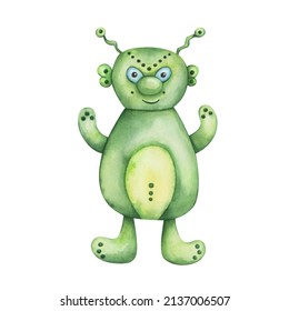 Watercolor illustration of hand painted alien humanoid, green man in cartoon fantasy style. Martian person from another planet. Ufology science. Isolated clip art for children fabric textile prints