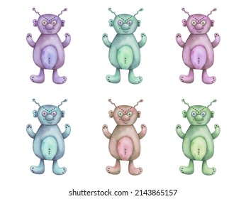 Watercolor illustration of hand painted alien humanoid, cartoon fantasy animal in blue, green, purple colors. Martian person from another planet. Isolated clip art for children fabric, textile prints