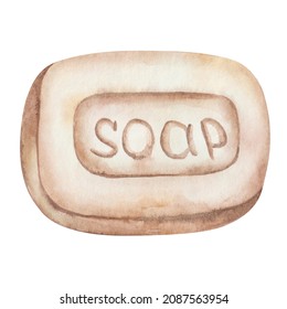 Watercolor illustration of hand painted beige hand soap with the word on it. Natural cosmetics in brown color. Isolated clip art element of medical healthcare. Hygiene item for design banners, posters