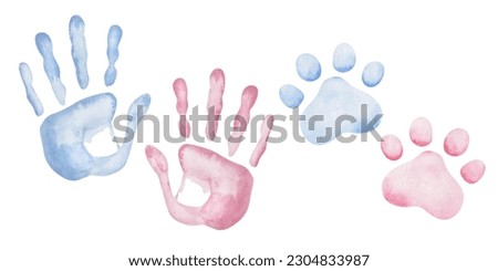 Watercolor illustration. Hand painted blue and pink hand prints of men, woman, child. Paws of cat, dog. Foot prints of kitten, puppy. World Animal Day. Isolated clip art of human and animal friendship