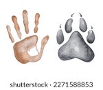 Watercolor illustration. Hand painted brown handprint of man palm and grey paw print of wolf with claws. Footprint of dog. World Animal Day. Human and animal friendship. Isolated clip art for banners