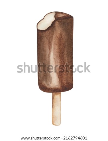 Watercolor illustration of hand painted brown chocolate ice cream white inside. Dessert sweet food. Eskimo pie, ice lolly. Isolated clip art for packaging, textile print, menu, advertisements