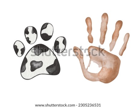 Watercolor illustration. Hand painted brown handprint of man, woman, child. Black, white spotted paw. Dalmatian dog. Footprint puppy. World Animal Day. Isolated clip art of human and animal friendship