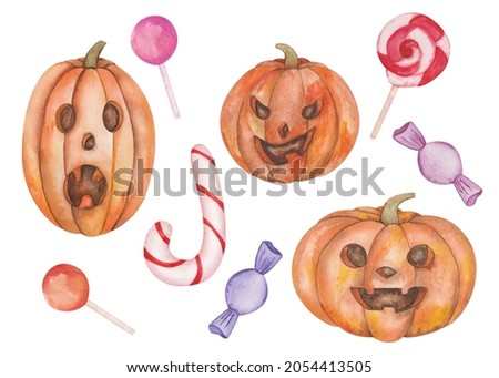 Watercolor illustration hand painted carved jake-o-lantern pumpkin, candy cane, lollipop, bonbon drop sweets for children. Isolated clip art for Halloween holiday postcards, design packaging, textile