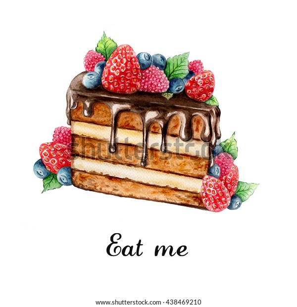 手描きのチョコレートケーキと夏のベリーの水彩イラスト のイラスト