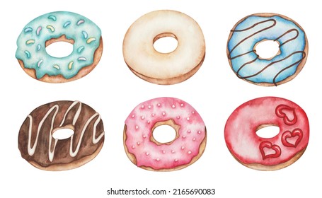 Watercolor illustration of hand painted colorful donuts with icing, sprinkles, chocolate. Sweet food pastry. Dessert doughnut for cafe, restaurant. Isolated clip art for packaging, menu, advertisement - Powered by Shutterstock