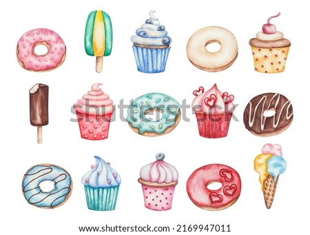 Watercolor illustration of hand painted donuts with chocolate, hearts, icing, sprinkles, cupcakes, ice creams. Sweet dessert food for cafes, restaurants. Isolated clip art for packaging, textile print