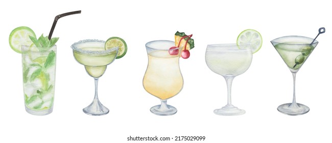 Watercolor illustration of hand painted green cocktails in glass with fruits as lime, olives, lemon, cherry, pineapple. Mojito, margarita, dry martini, pina colada, gimlet. Alcohol beverage drinks