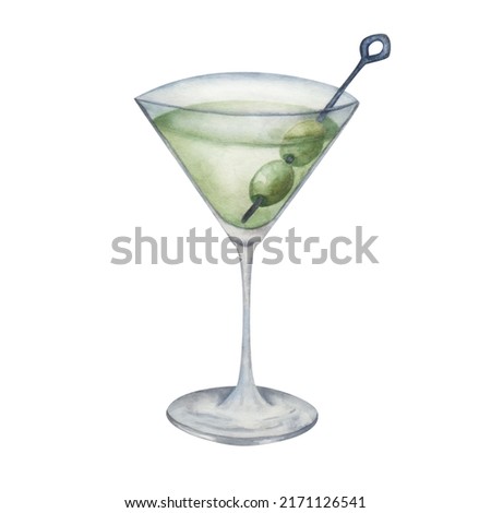 Watercolor illustration of hand painted green cocktail in matrini glass with green olives. Alcohol beverage drink. Dirty martini. Dry martini. Isolated clip art of goblet for menu in restaurant, cafe