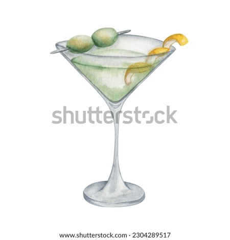 Watercolor illustration. Hand painted green cocktail in matrini glass with green olives and yellow lemon peel. Alcohol beverage drink. Dirty martini. Dry martini. Isolated clip art for menus, banners