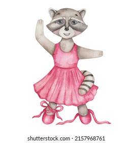 Watercolor Illustration Of Hand Painted Grey Raccoon Girl In Dance Studio In Pink Dress And Ballet Shoes With Laces. Cartoon Animal Character. Isolated Clip Art For Children Fabric Textile Print, Post