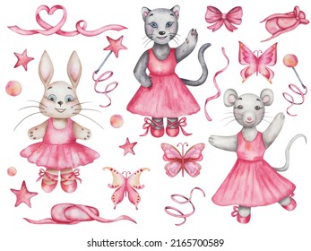 Watercolor Illustration Of Hand Painted Grey Mouse, Black Panther Cat, Brown Rabbit. Girls In Dance Studio In Pink Dresses, Ballet Shoes. Cartoon Animal Characters. Isolated Clip Art For Print, Poster