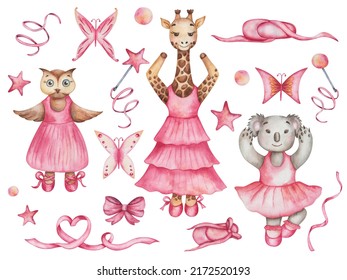 Watercolor Illustration Of Hand Painted Grey Koala Bear, Brown Giraffe And Owl Bird. Girls In Dance Studio In Pink Dresses, Ballet Shoes. Cartoon Animal Characters. Isolated Clip Art For Print, Cards