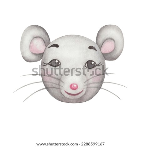 Watercolor illustration. Hand painted grey mouse with pink cheeks, smile, whiskers. Smiling baby animal. Cartoon character. Isolated clip art for children fabric, textile prints, banners, stickers