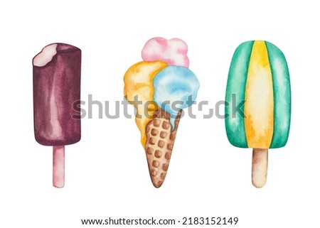 Watercolor illustration of hand painted ice cream balls in waffle cone, eskimo pie in chocolate, ice lolly melon, watermelon. Dessert sweet food gelato. Isolated clip art for prints, advertisements