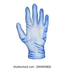 Watercolor illustration of hand painted medical blue glove isolated on white background. Personal protective equipment for medical personnel, hygiene product for hands. Health care item for posters