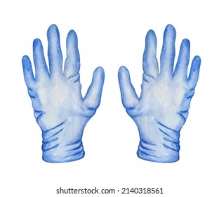 Watercolor illustration of hand painted medical blue gloves isolated on white background. Personal protective equipment for medical personnel, hygiene product for hands. Health care item for posters