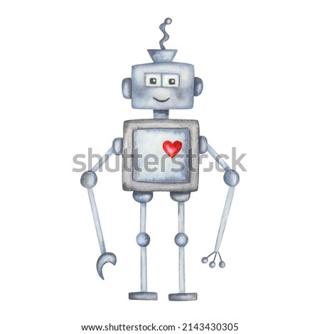 Watercolor illustration of hand painted metal robot character with red heart and smile, who looks like a man, human in blue, grey colors. Isolated on white clip art for children fabric, textile print
