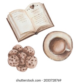 Watercolor Illustration Hand Painted Open Book, Notebook, Sketch Book With Scribbling, Text Inside And Heart, Cookies, Cup Of Coffee Isolated On White. Clip Art Elements For Design Postcards, Posters