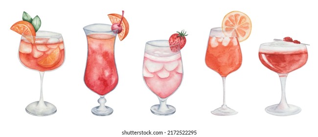 Watercolor illustration of hand painted orange, red, pink cocktails in glass with fruits, berries. Aperol spritz, sex on the beach, rum-runner, clover club. Alcohol beverage drinks. Isolated clip art