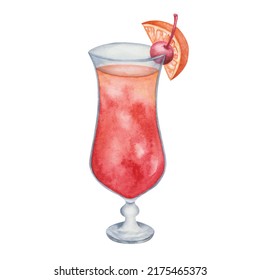 Watercolor illustration of hand painted orange and red cocktail in glass with slice of orange fruit, cherry berry. Isolated clip art of goblet with sex on the beach for menus. Alcohol beverage drink